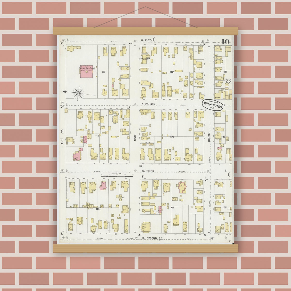 Old map wall art mockup — magnetic wood frame on brick wall — Sanborn Fire Insurance Map from Wilmington, New Hanover County, North Carolina (1898), Sheet #0010