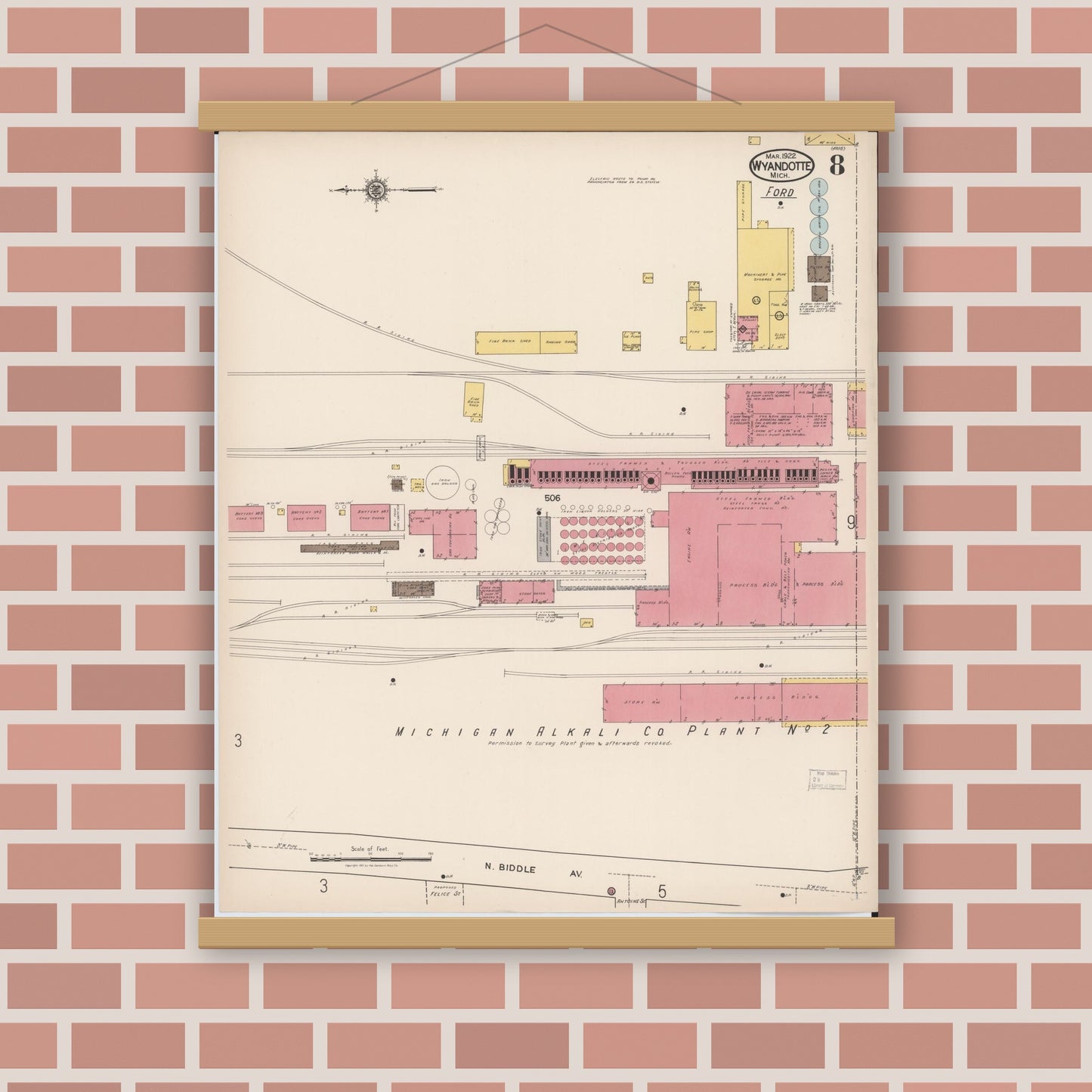 Old map wall art mockup — magnetic wood frame on brick wall — Sanborn Fire Insurance Map from Wyandotte, Wayne County, Michigan (1922), Sheet #0008