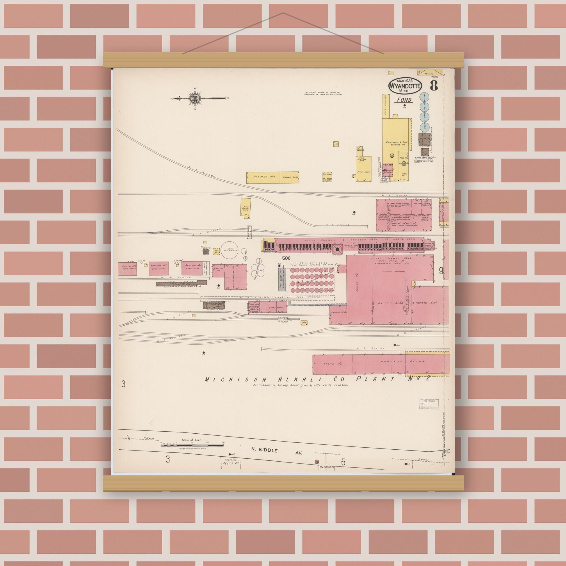 Old map wall art mockup — magnetic wood frame on brick wall — Sanborn Fire Insurance Map from Wyandotte, Wayne County, Michigan (1922), Sheet #0008