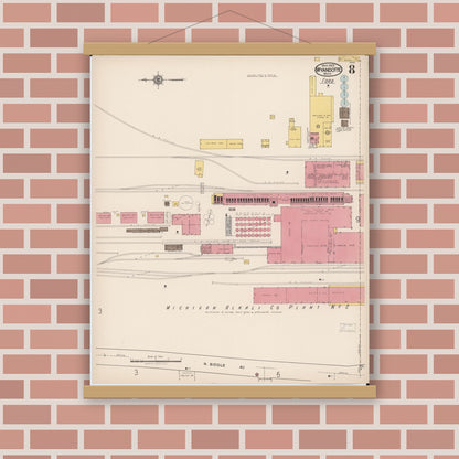 Old map wall art mockup — magnetic wood frame on brick wall — Sanborn Fire Insurance Map from Wyandotte, Wayne County, Michigan (1922), Sheet #0008