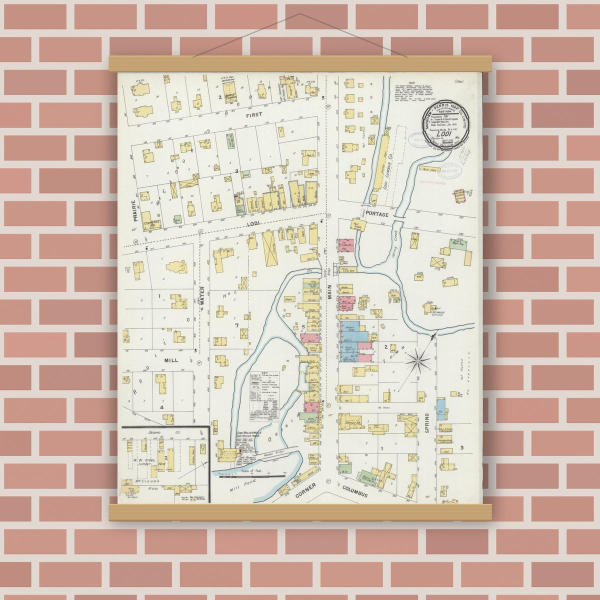 Old map wall art mockup — magnetic wood frame on brick wall — Sanborn Fire Insurance Map from Lodi, Columbia County, Wisconsin (1898), Sheet #0001