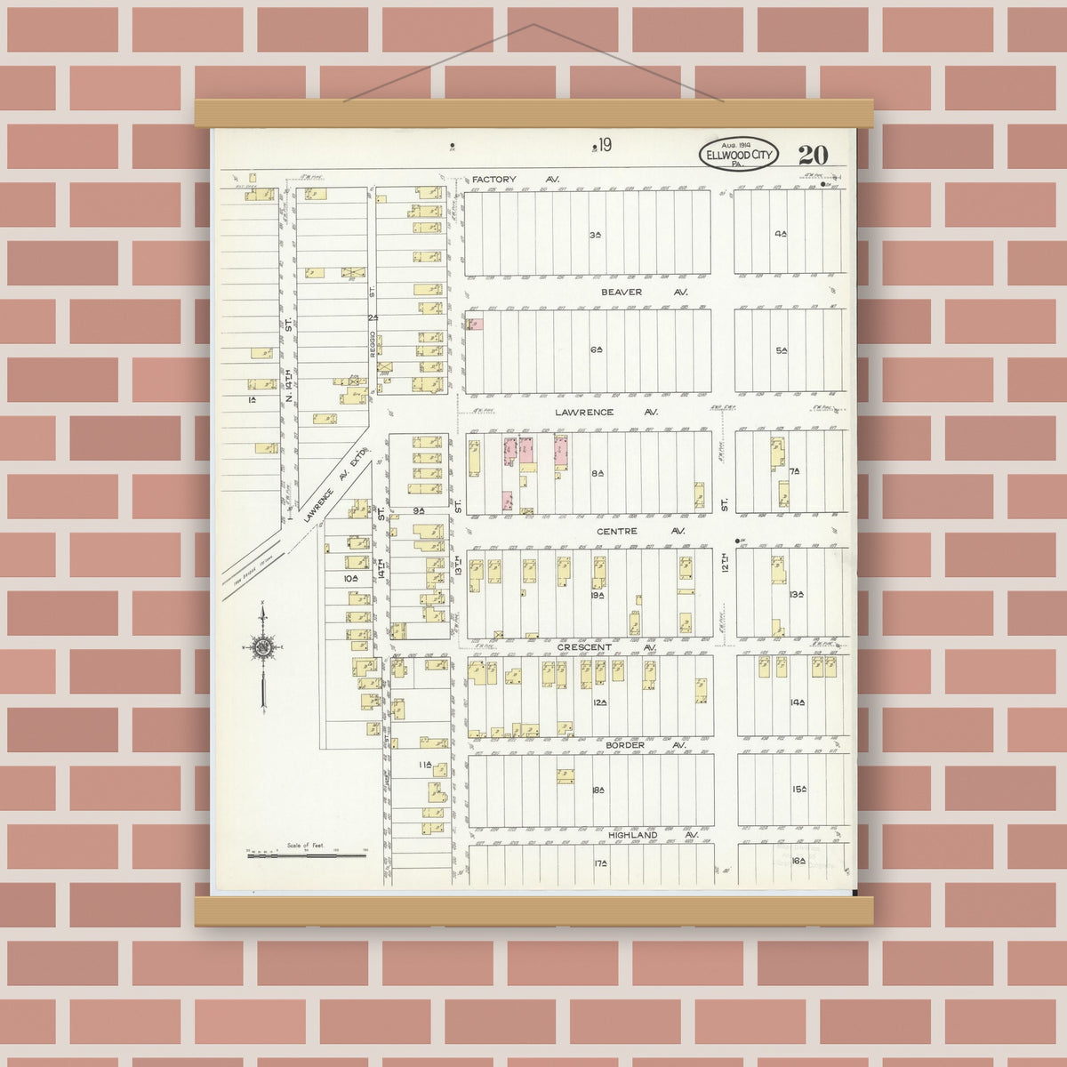 Old map wall art mockup — magnetic wood frame on brick wall — Sanborn Fire Insurance Map from Ellwood City, Lawrence County, Pennsylvania (1914), Sheet #0020