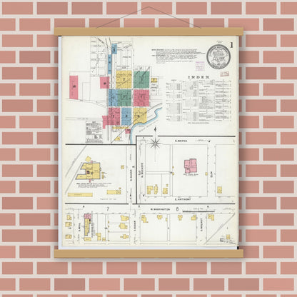 Old map wall art mockup — magnetic wood frame on brick wall — Sanborn Fire Insurance Map from Celina, Mercer County, Ohio (1907) - Complete Map Set