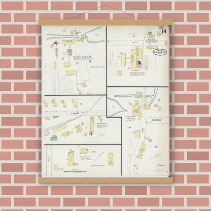 Old map wall art mockup — magnetic wood frame on brick wall — Sanborn Fire Insurance Map from Gardner, Worcester County, Massachusetts (1895), Sheet #0014