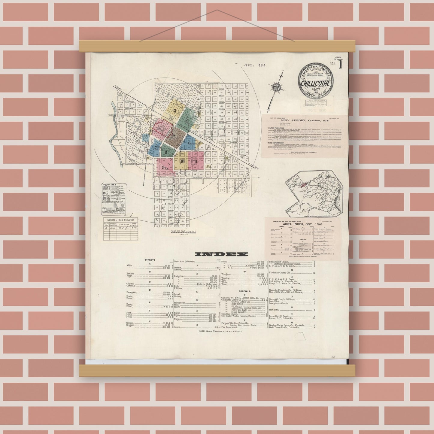 Old map wall art mockup — magnetic wood frame on brick wall — Sanborn Fire Insurance Map from Chillicothe, Hardeman County, Texas (1941), Sheet #0001