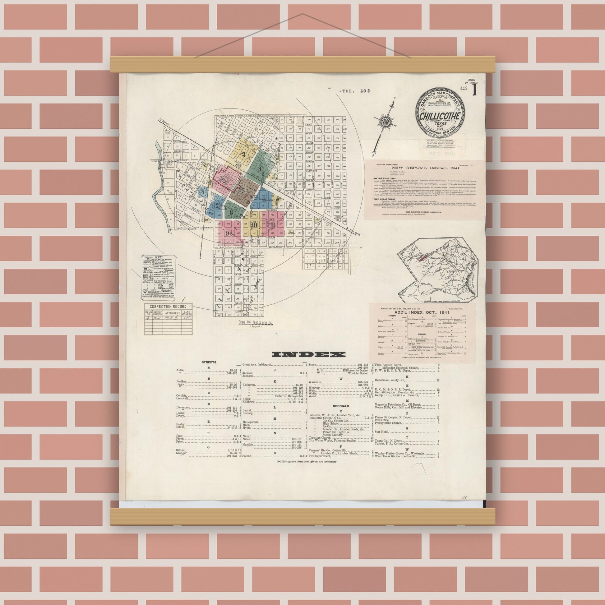 Old map wall art mockup — magnetic wood frame on brick wall — Sanborn Fire Insurance Map from Chillicothe, Hardeman County, Texas (1941), Sheet #0001