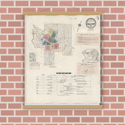 Old map wall art mockup — magnetic wood frame on brick wall — Sanborn Fire Insurance Map from Chillicothe, Hardeman County, Texas (1941), Sheet #0001