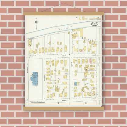Old map wall art mockup — magnetic wood frame on brick wall — Sanborn Fire Insurance Map from Albion, Orleans County, New York (1911) - Complete Map Set