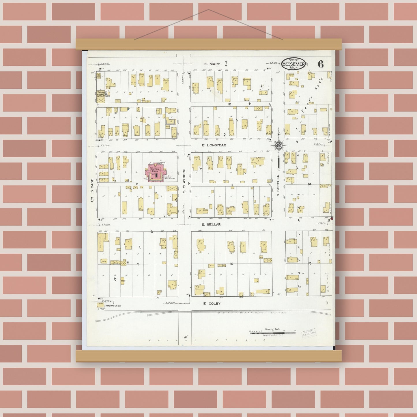Old map wall art mockup — magnetic wood frame on brick wall — Sanborn Fire Insurance Map from Bessemer, Gogebic County, Michigan (1917), Sheet #0006