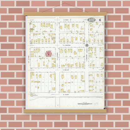 Old map wall art mockup — magnetic wood frame on brick wall — Sanborn Fire Insurance Map from Bessemer, Gogebic County, Michigan (1917), Sheet #0006