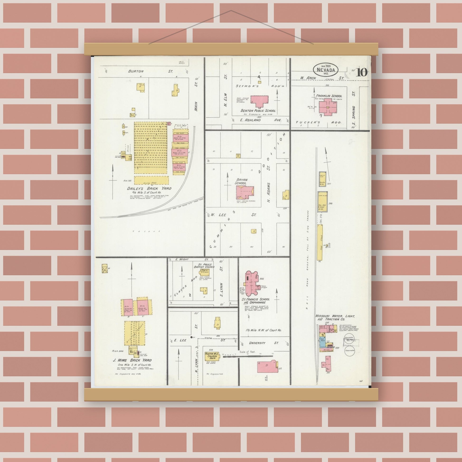 Old map wall art mockup — magnetic wood frame on brick wall — Sanborn Fire Insurance Map from Nevada, Vernon County, Missouri (1900), Sheet #0010