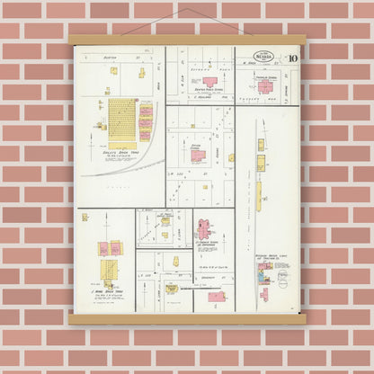 Old map wall art mockup — magnetic wood frame on brick wall — Sanborn Fire Insurance Map from Nevada, Vernon County, Missouri (1900), Sheet #0010