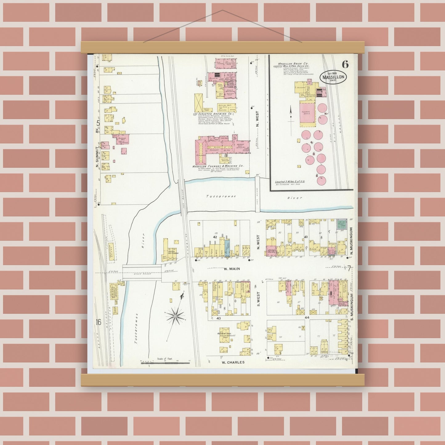 Old map wall art mockup — magnetic wood frame on brick wall — Sanborn Fire Insurance Map from Massillon, Stark County, Ohio (1908), Sheet #0006