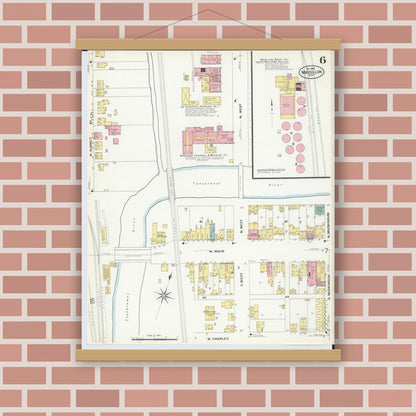 Old map wall art mockup — magnetic wood frame on brick wall — Sanborn Fire Insurance Map from Massillon, Stark County, Ohio (1908), Sheet #0006