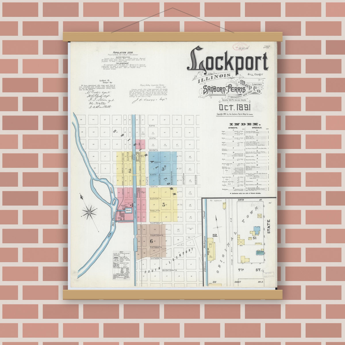 Old map wall art mockup — magnetic wood frame on brick wall — Sanborn Fire Insurance Map from Lockport, Will County, Illinois (1891), Sheet #0001