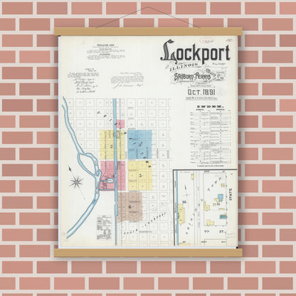 Old map wall art mockup — magnetic wood frame on brick wall — Sanborn Fire Insurance Map from Lockport, Will County, Illinois (1891), Sheet #0001