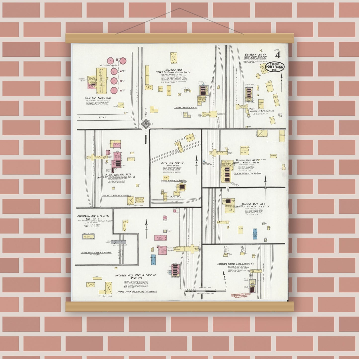Old map wall art mockup — magnetic wood frame on brick wall — Sanborn Fire Insurance Map from Shelburn, Sullivan County, Indiana (1921), Sheet #0004