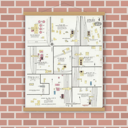 Old map wall art mockup — magnetic wood frame on brick wall — Sanborn Fire Insurance Map from Shelburn, Sullivan County, Indiana (1921), Sheet #0004
