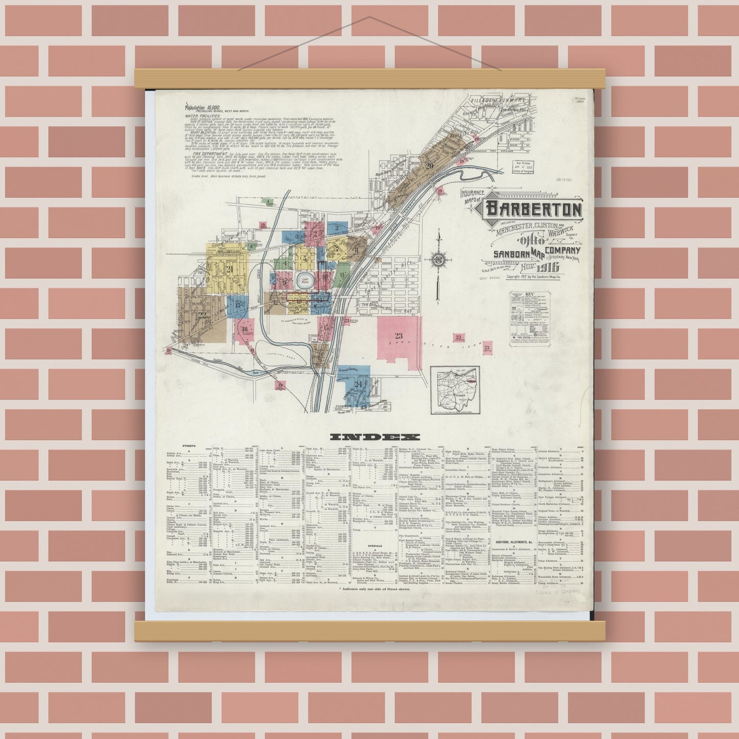 Old map wall art mockup — magnetic wood frame on brick wall — Sanborn Fire Insurance Map from Barberton, Summit County, Ohio (1916), Sheet #0001