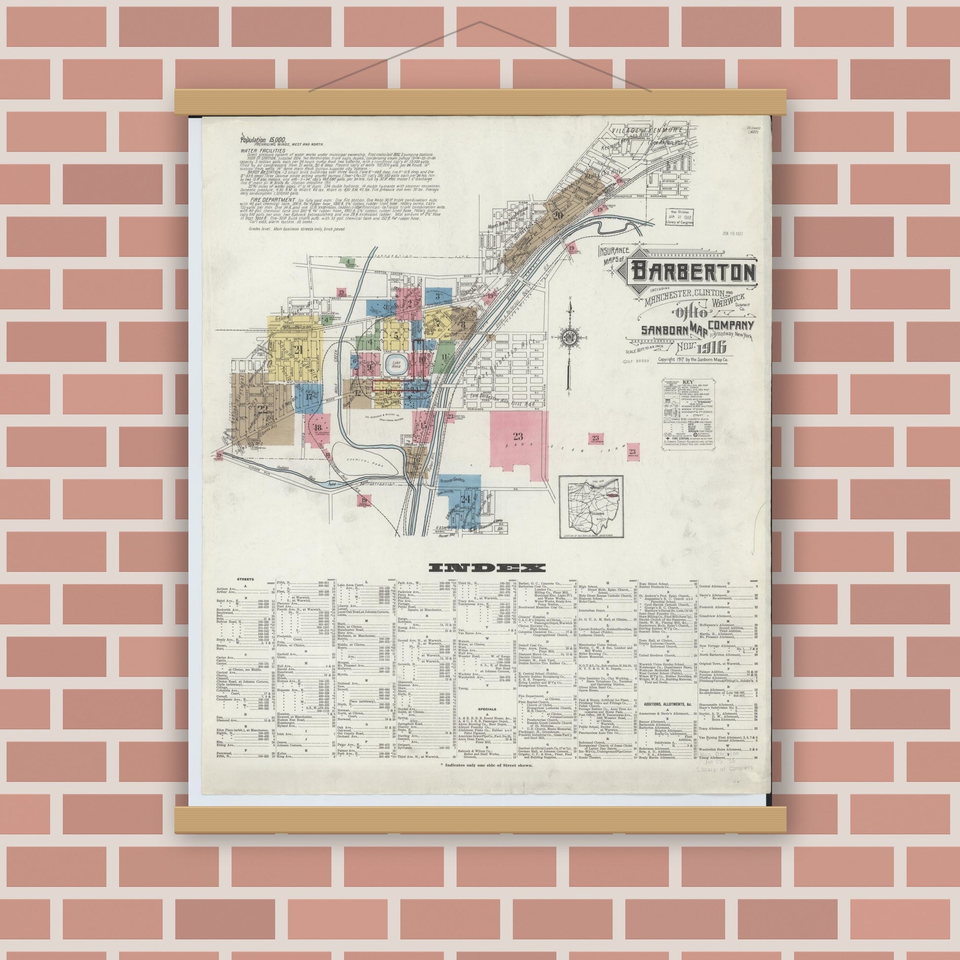 Old map wall art mockup — magnetic wood frame on brick wall — Sanborn Fire Insurance Map from Barberton, Summit County, Ohio (1916), Sheet #0001