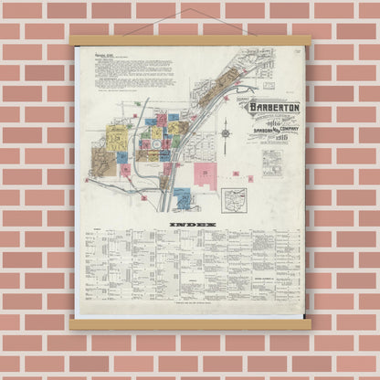 Old map wall art mockup — magnetic wood frame on brick wall — Sanborn Fire Insurance Map from Barberton, Summit County, Ohio (1916), Sheet #0001