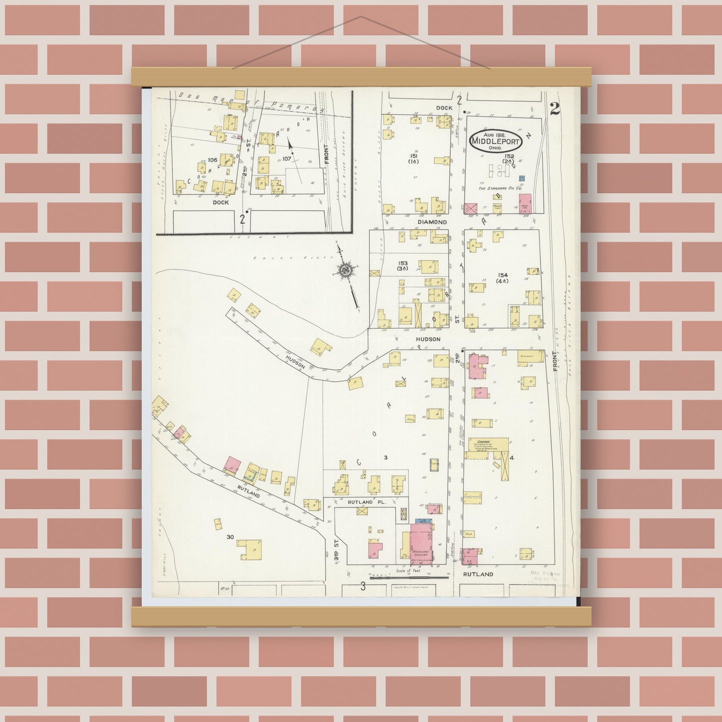 Old map wall art mockup — magnetic wood frame on brick wall — Sanborn Fire Insurance Map from Middleport, Meigs County, Ohio (1916), Sheet #0002