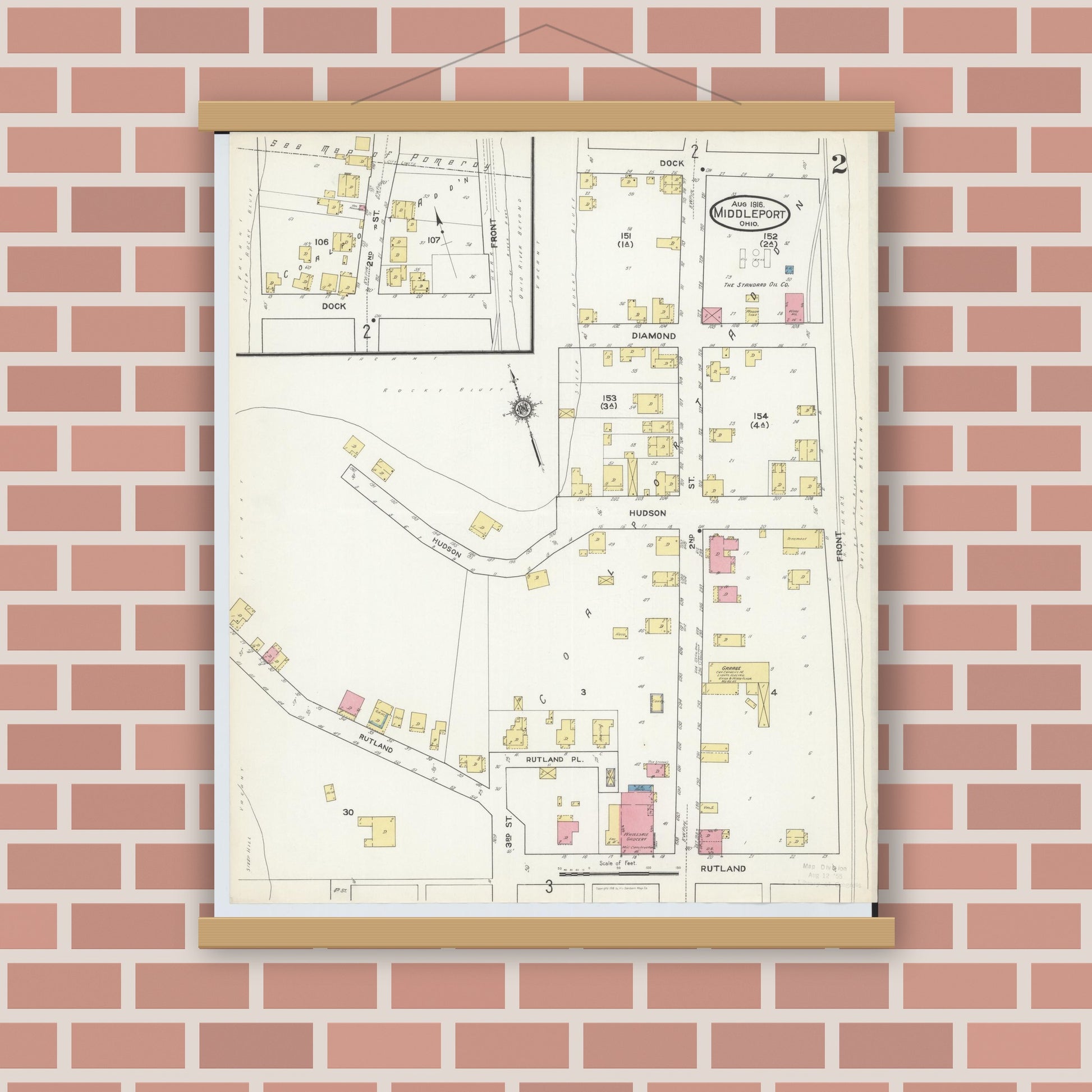 Old map wall art mockup — magnetic wood frame on brick wall — Sanborn Fire Insurance Map from Middleport, Meigs County, Ohio (1916), Sheet #0002