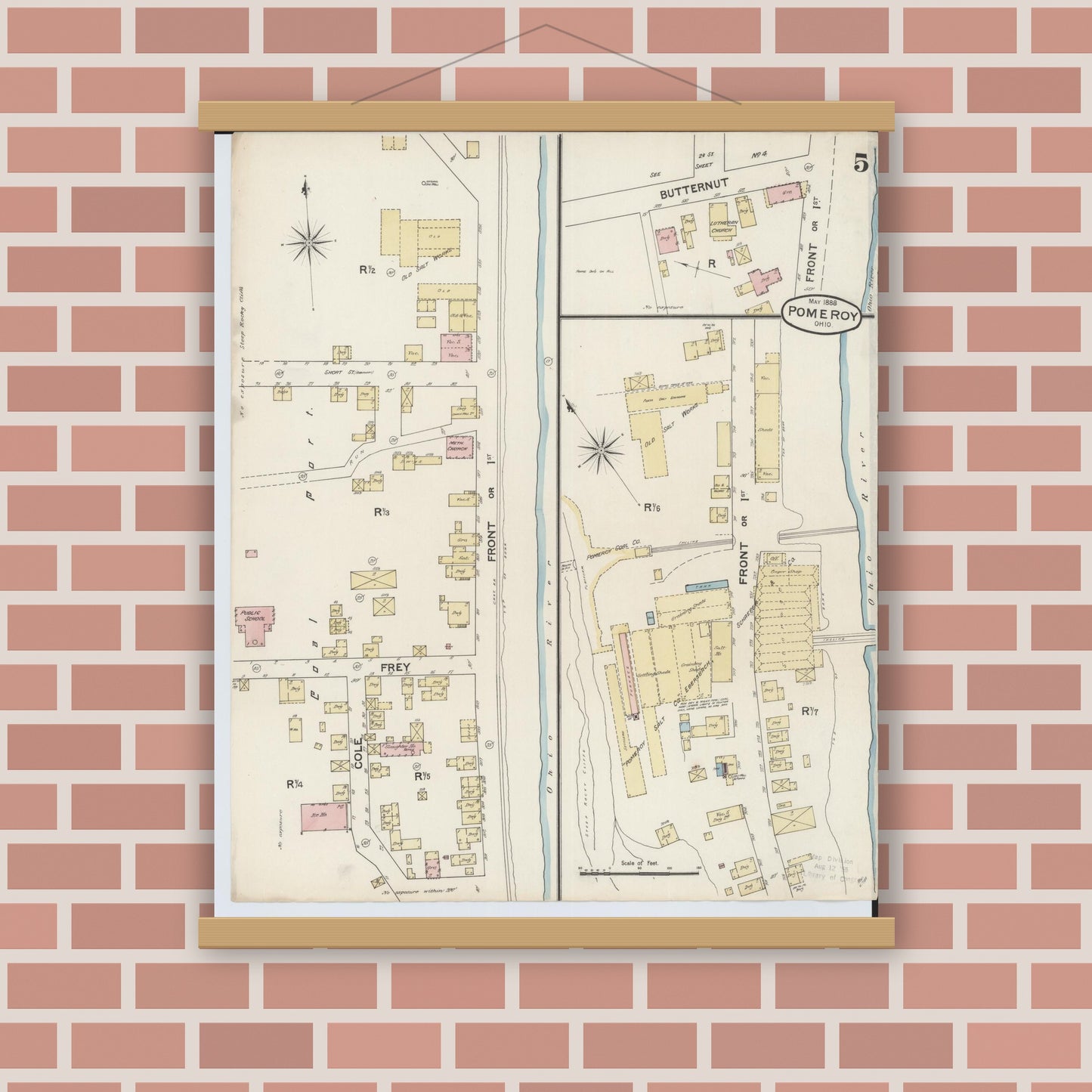Old map wall art mockup — magnetic wood frame on brick wall — Sanborn Fire Insurance Map from Pomeroy, Meigs County, Ohio (1888), Sheet #0005