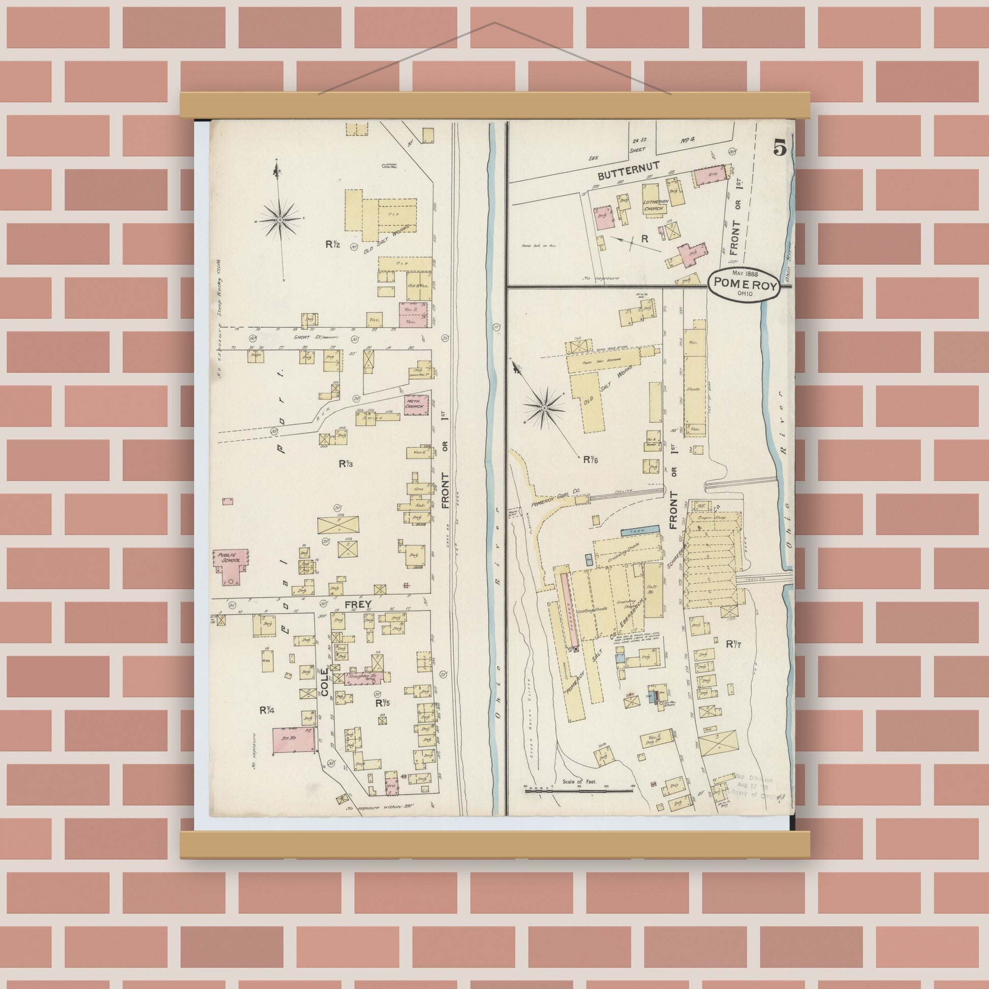 Old map wall art mockup — magnetic wood frame on brick wall — Sanborn Fire Insurance Map from Pomeroy, Meigs County, Ohio (1888), Sheet #0005
