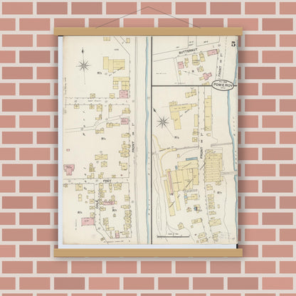 Old map wall art mockup — magnetic wood frame on brick wall — Sanborn Fire Insurance Map from Pomeroy, Meigs County, Ohio (1888), Sheet #0005