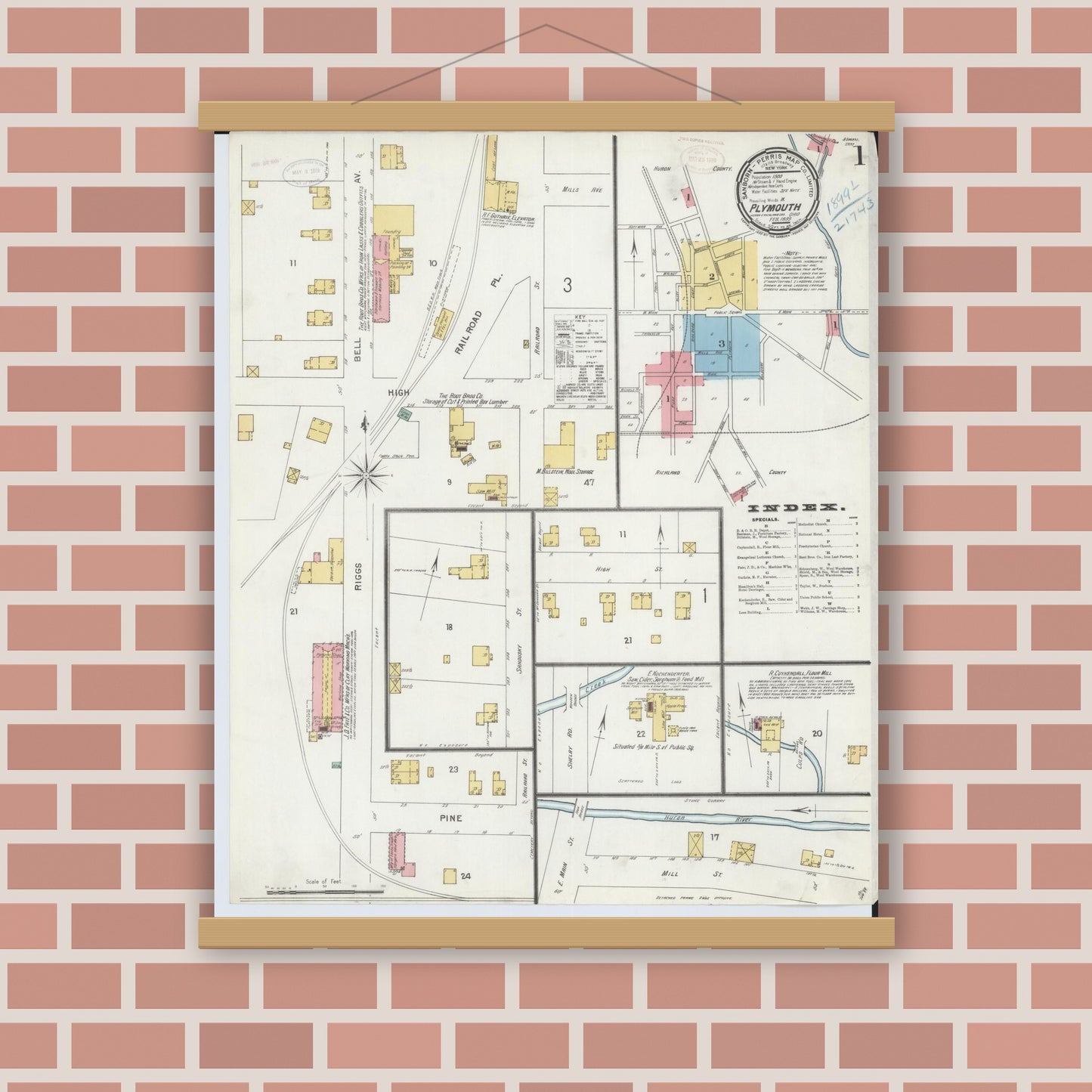 Old map wall art mockup — magnetic wood frame on brick wall — Sanborn Fire Insurance Map from Plymouth, Huron And Richland Counties, Ohio (1899), Sheet #0001