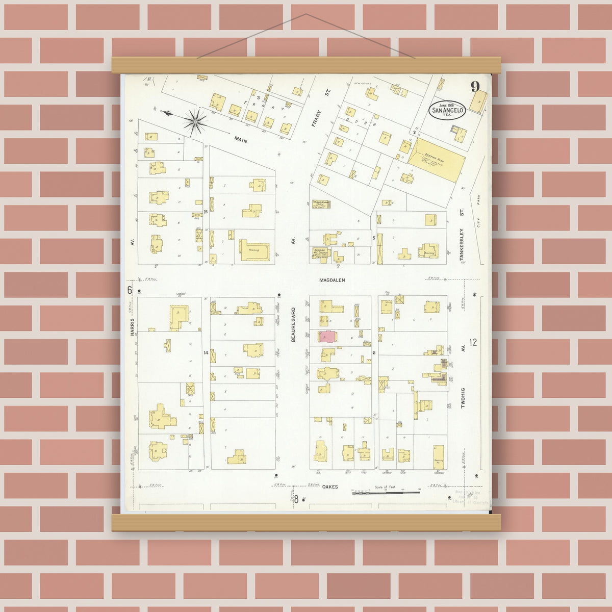 Old map wall art mockup — magnetic wood frame on brick wall — Sanborn Fire Insurance Map from San Angelo, Tom Green County, Texas (1908), Sheet #0009