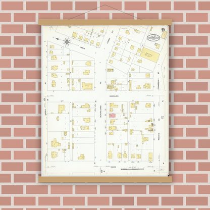 Old map wall art mockup — magnetic wood frame on brick wall — Sanborn Fire Insurance Map from San Angelo, Tom Green County, Texas (1908), Sheet #0009