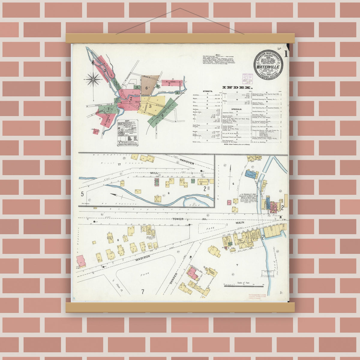Old map wall art mockup — magnetic wood frame on brick wall — Sanborn Fire Insurance Map from Waterville, Oneida County, New York (1906) - Complete Map Set