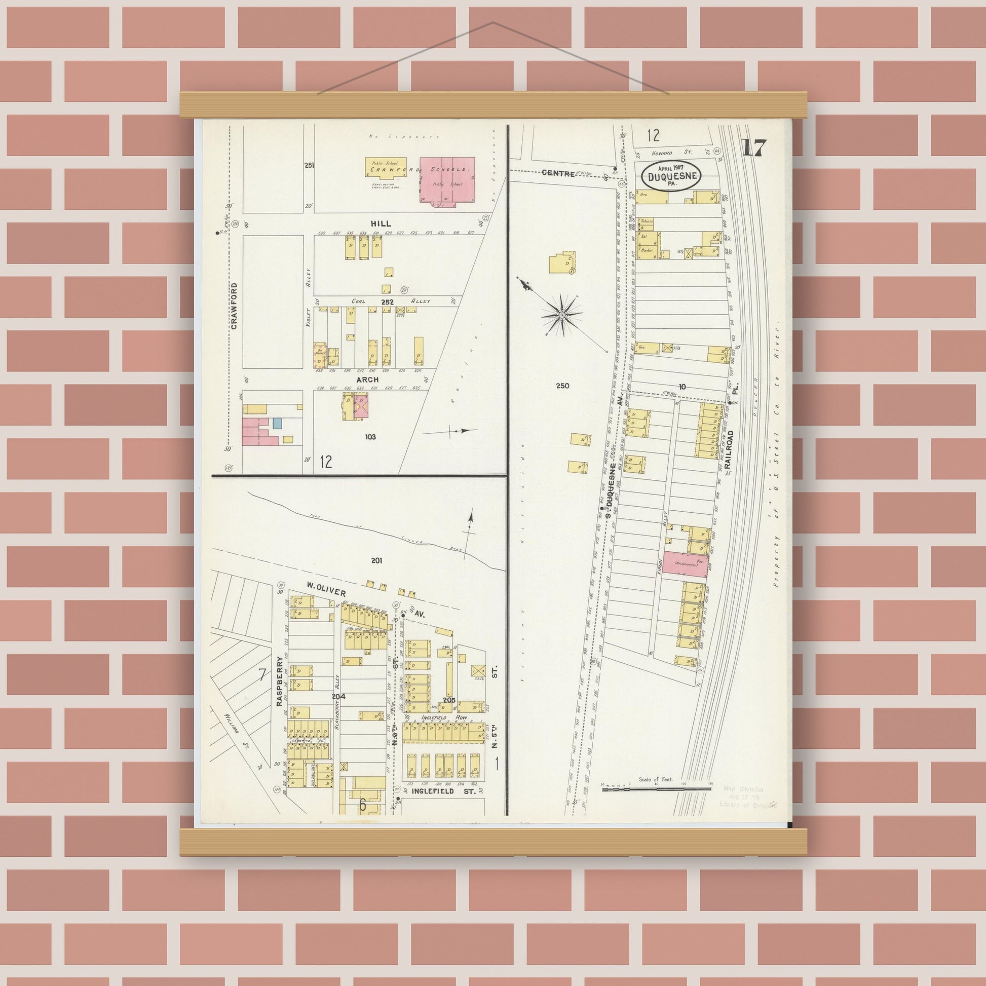 Old map wall art mockup — magnetic wood frame on brick wall — Sanborn Fire Insurance Map from Duquesne, Allegheny County, Pennsylvania (1907), Sheet #0017