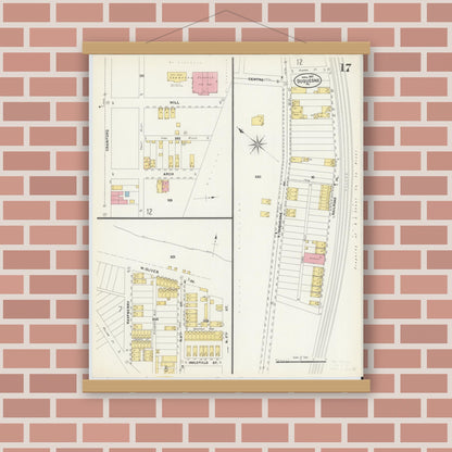 Old map wall art mockup — magnetic wood frame on brick wall — Sanborn Fire Insurance Map from Duquesne, Allegheny County, Pennsylvania (1907), Sheet #0017