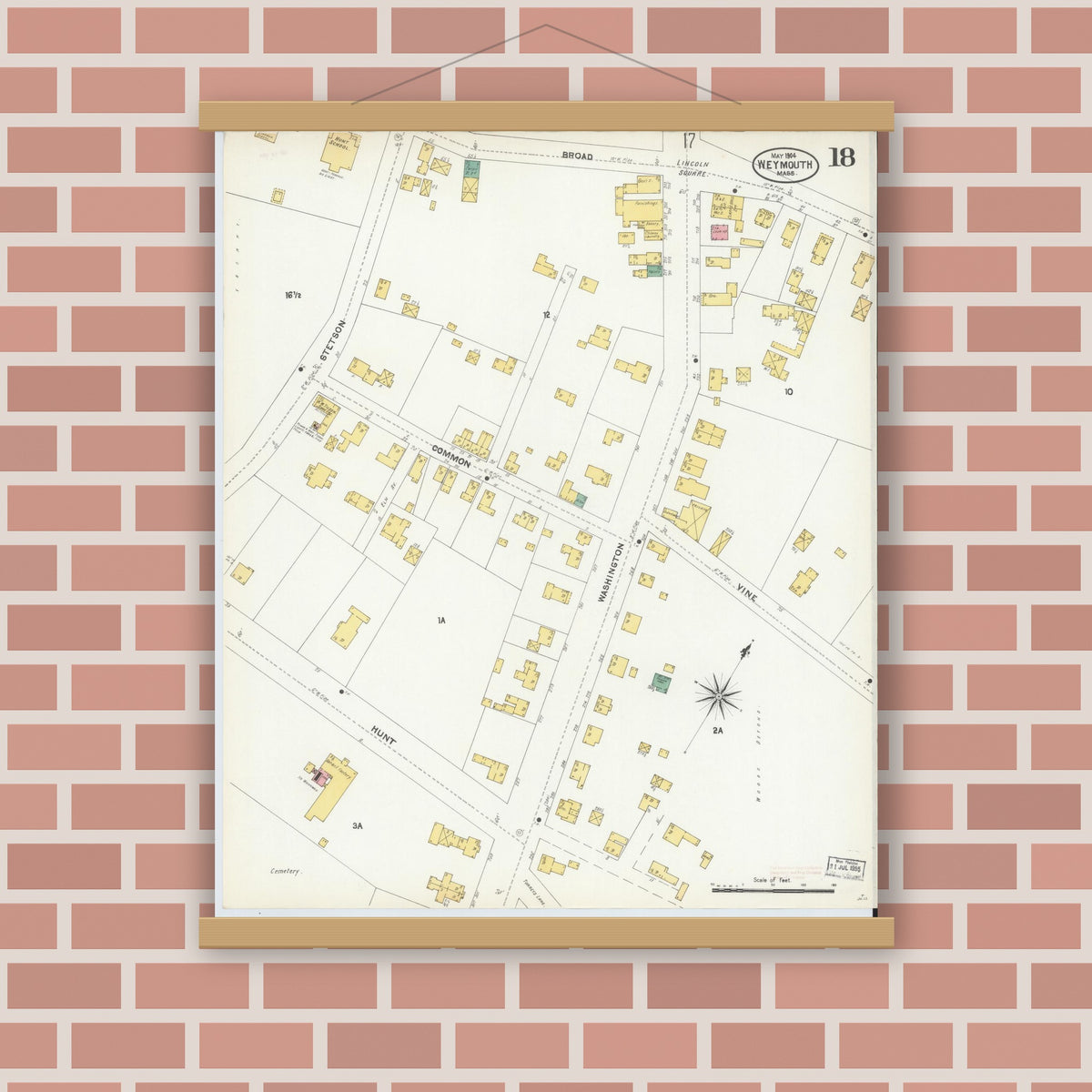 Old map wall art mockup — magnetic wood frame on brick wall — Sanborn Fire Insurance Map from Weymouth, Norfolk County, Massachusetts (1904), Sheet #0018