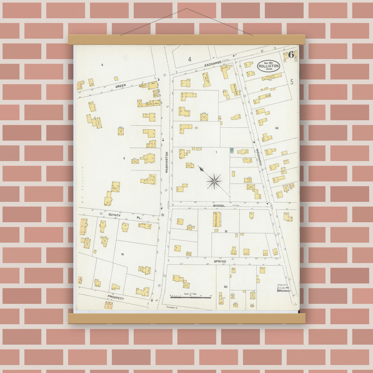 Old map wall art mockup — magnetic wood frame on brick wall — Sanborn Fire Insurance Map from Holliston, Middlesex County, Massachusetts (1906), Sheet #0006