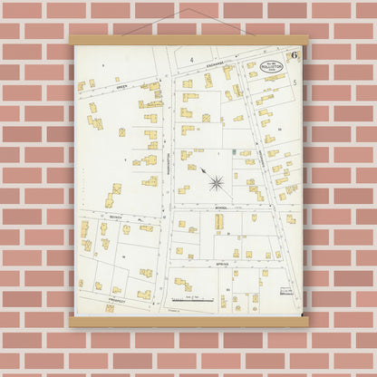 Old map wall art mockup — magnetic wood frame on brick wall — Sanborn Fire Insurance Map from Holliston, Middlesex County, Massachusetts (1906), Sheet #0006