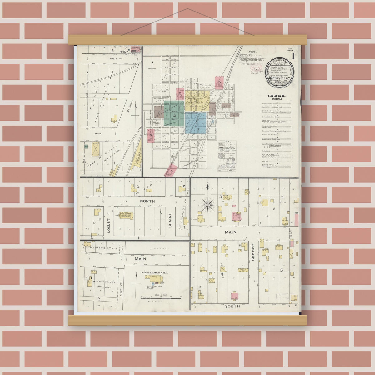 Old map wall art mockup — magnetic wood frame on brick wall — Sanborn Fire Insurance Map from Mount Olive, Macoupin County, Illinois (1894), Sheet #0001