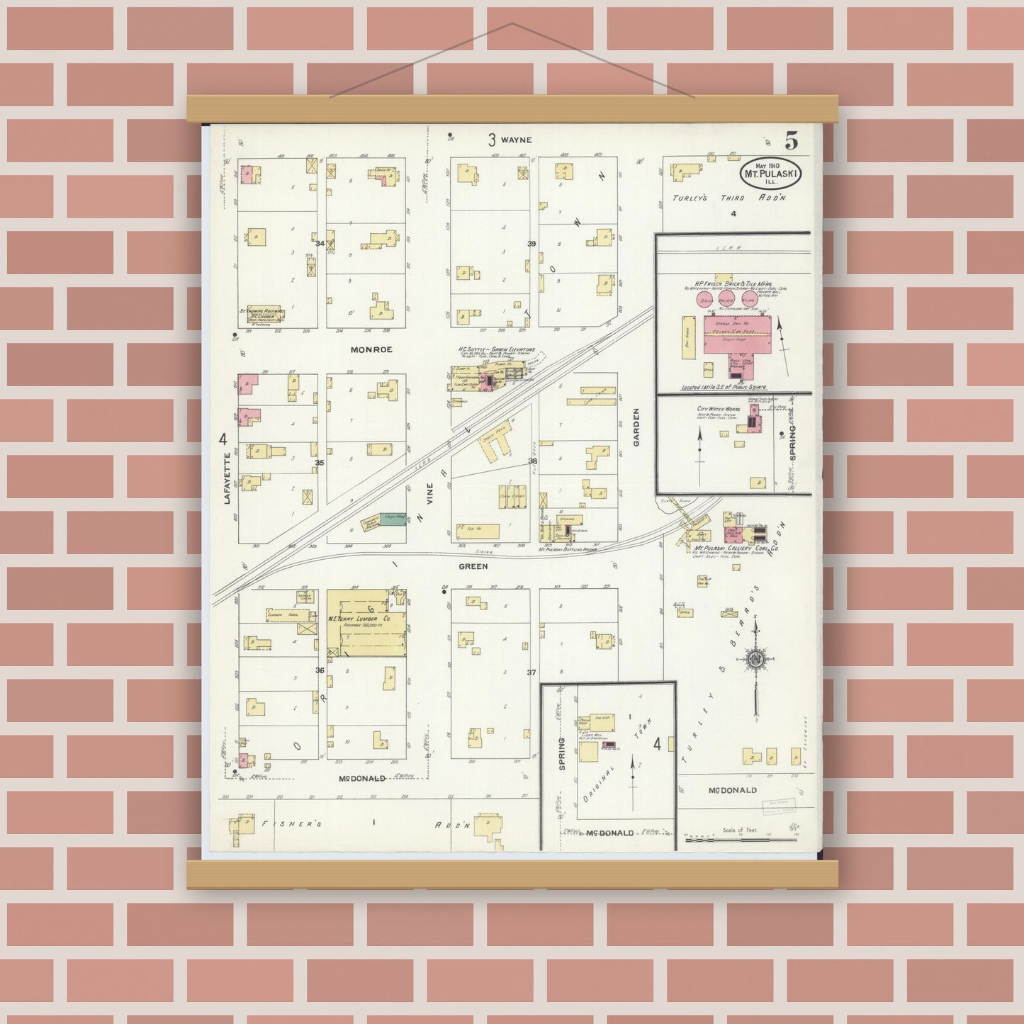 Old map wall art mockup — magnetic wood frame on brick wall — Sanborn Fire Insurance Map from Mount Pulaski, Logan County, Illinois (1910), Sheet #0005
