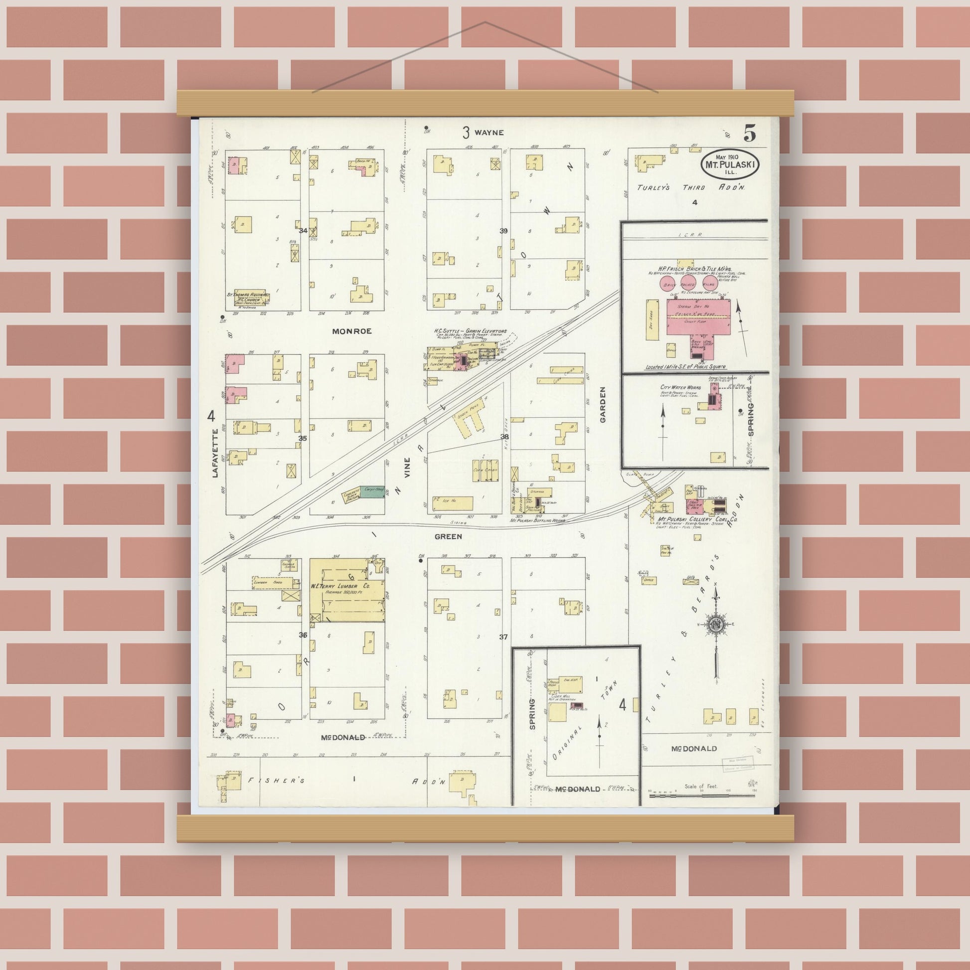 Old map wall art mockup — magnetic wood frame on brick wall — Sanborn Fire Insurance Map from Mount Pulaski, Logan County, Illinois (1910), Sheet #0005