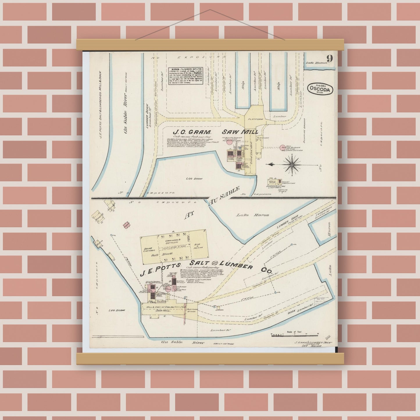 Old map wall art mockup — magnetic wood frame on brick wall — Sanborn Fire Insurance Map from Oscoda, Iosco County, Michigan (1884), Sheet #0009