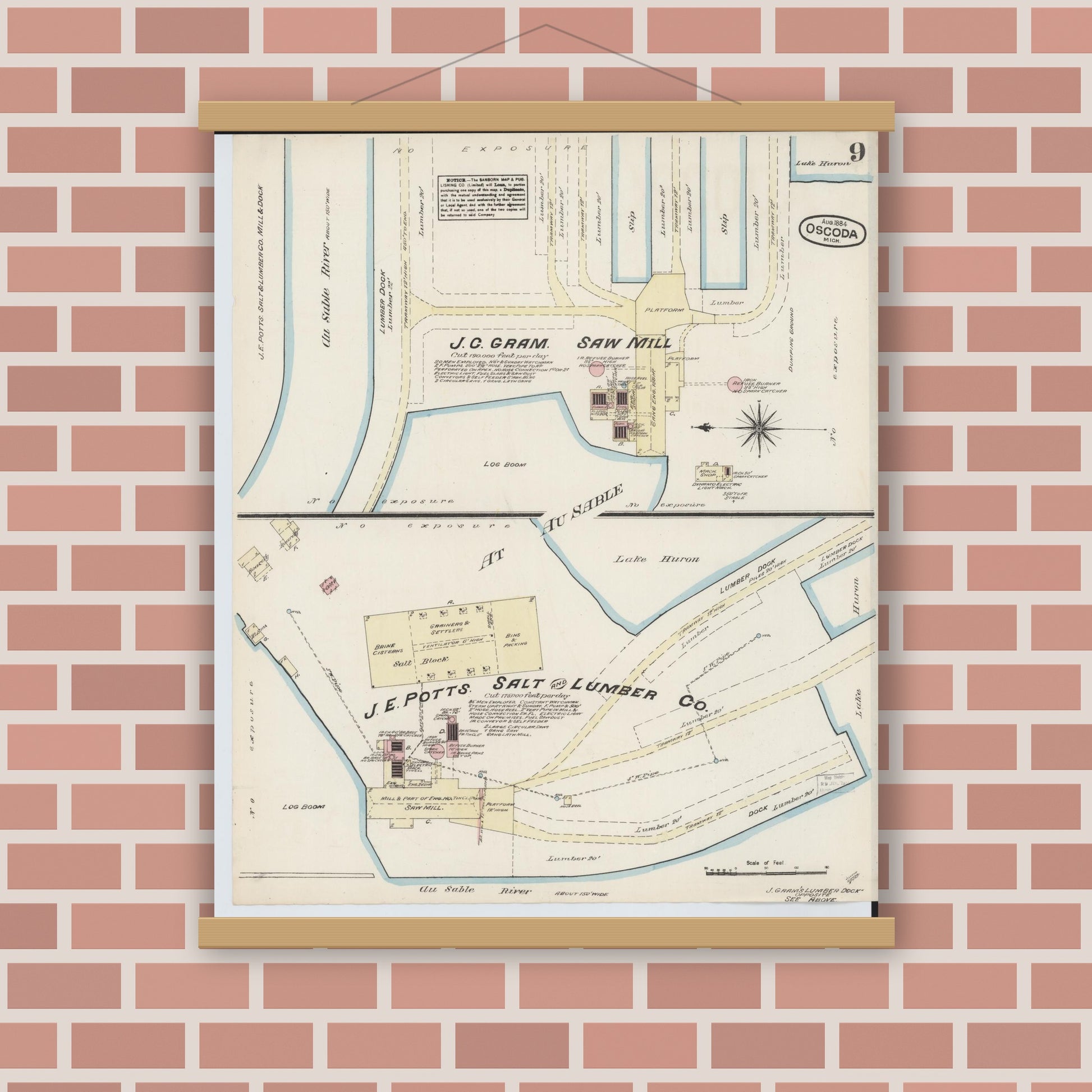 Old map wall art mockup — magnetic wood frame on brick wall — Sanborn Fire Insurance Map from Oscoda, Iosco County, Michigan (1884), Sheet #0009