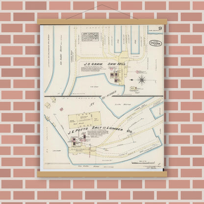 Old map wall art mockup — magnetic wood frame on brick wall — Sanborn Fire Insurance Map from Oscoda, Iosco County, Michigan (1884), Sheet #0009