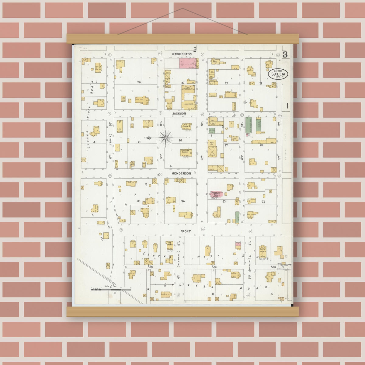 Old map wall art mockup — magnetic wood frame on brick wall — Sanborn Fire Insurance Map from Salem, Dent County, Missouri (1900), Sheet #0003