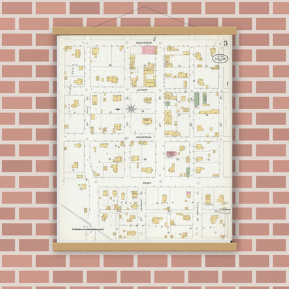 Old map wall art mockup — magnetic wood frame on brick wall — Sanborn Fire Insurance Map from Salem, Dent County, Missouri (1900), Sheet #0003