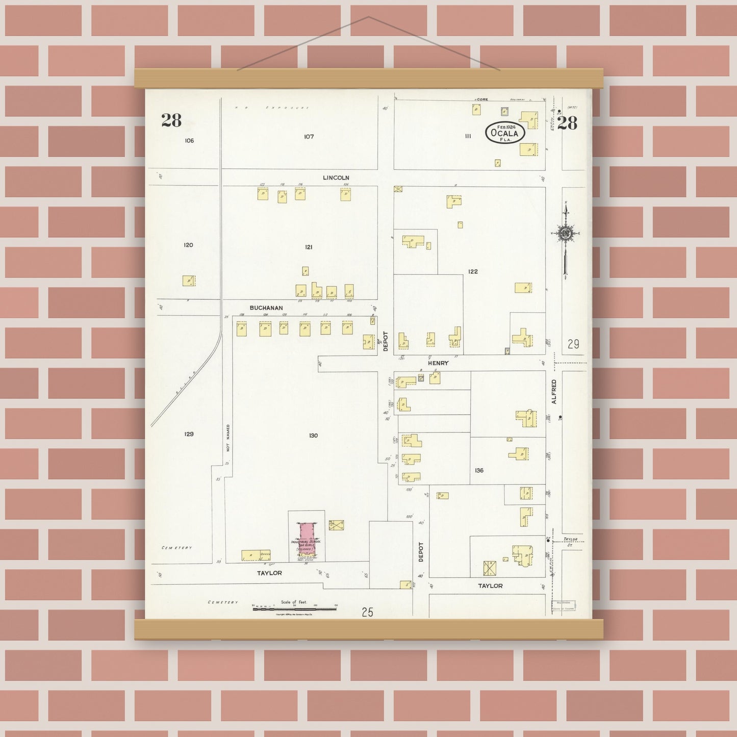 Old map wall art mockup — magnetic wood frame on brick wall — Sanborn Fire Insurance Map from Ocala, Marion County, Florida (1924), Sheet #0028