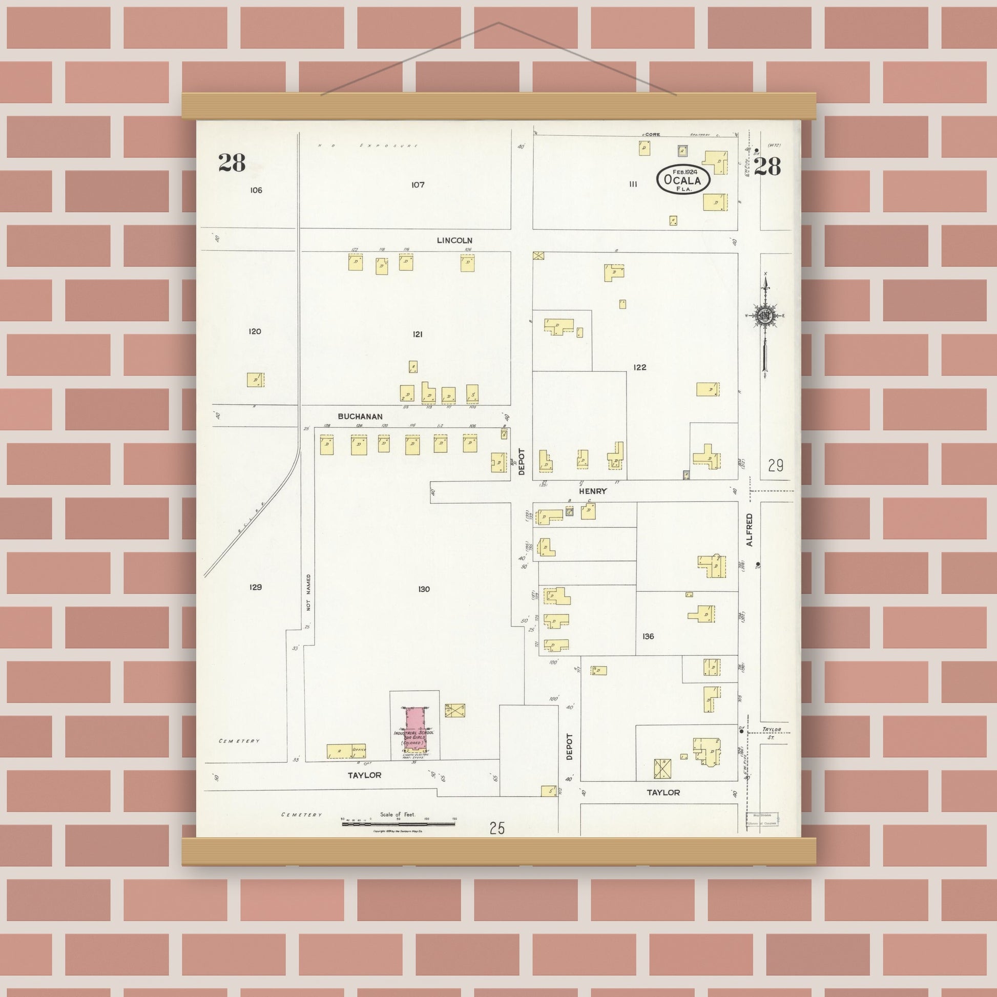 Old map wall art mockup — magnetic wood frame on brick wall — Sanborn Fire Insurance Map from Ocala, Marion County, Florida (1924), Sheet #0028