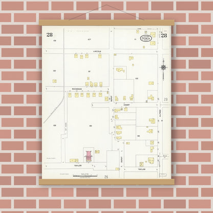 Old map wall art mockup — magnetic wood frame on brick wall — Sanborn Fire Insurance Map from Ocala, Marion County, Florida (1924), Sheet #0028
